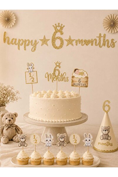 Parti Adresi Happy 6 Months Banner 6 Ay Bebek Doğum Günü Parti Seti Gold