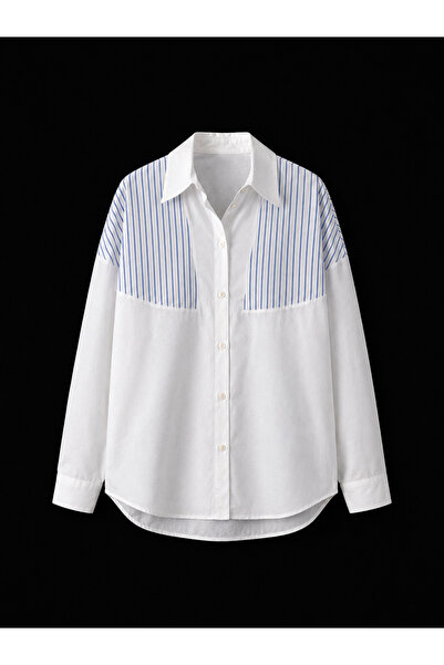 studio fashion 1988 White-Navy Blue Striped Detailed Oversize 100% Cotton Pop...