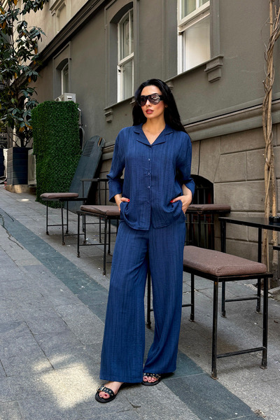 Ortaya Çık Set cămașă și pantaloni casual din in, albastru marin