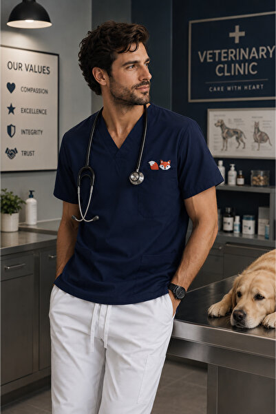 mirach Tilia Premium Scrubs Uniformă clinică de lux cu broderie Cute Fox, des...