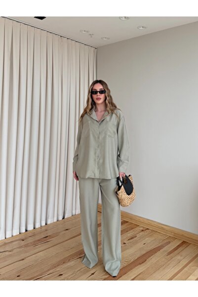 Laluvia Khaki Tencel Shirt Blouse Pants Set - 7310