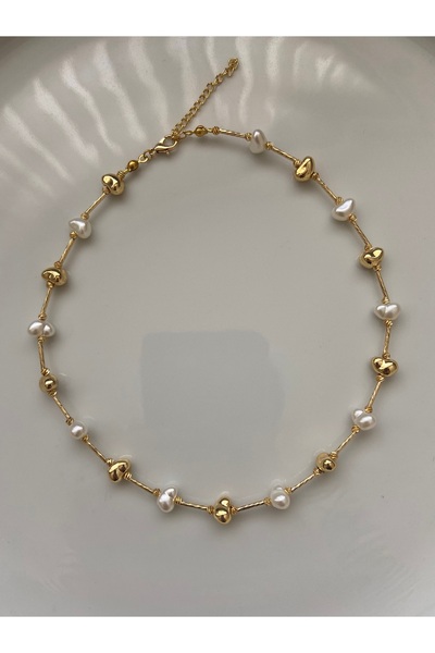 Anetta Jewelry Kadın altın renk kalp inci detaylı altın kaplama kararmaz kolye