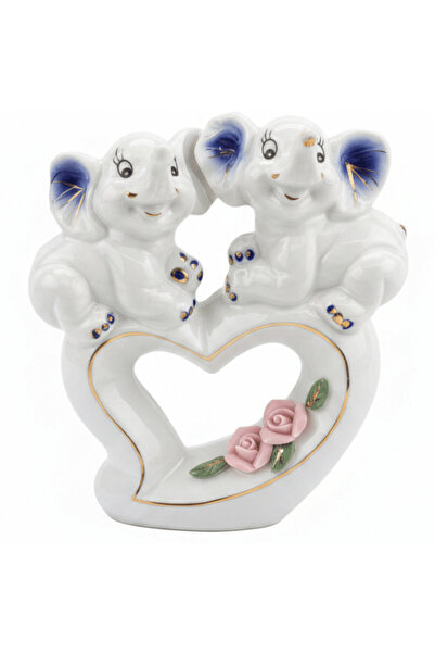 AKDC White Ceramic Elephant Couple Figurine – Heart & Rose Décor Piece, 13 cm