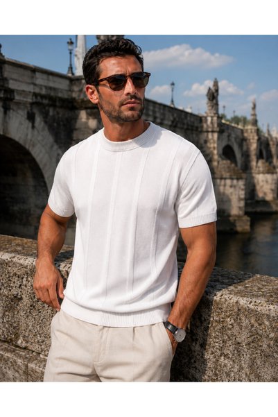 PULT Men's Striped Knitwear T-Shirt Regular Fit Crew Neck Short Sleeve Summer Sweater