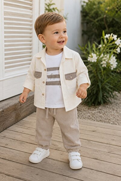 Pure Boutique Baby boy 3-piece Cotton suit with beige pants and elegant shirt