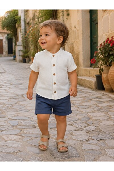 Pure Boutique Elegant baby boy Cotton outfit with white shirt and navy blue s...