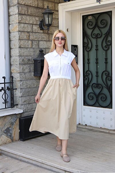 Siyezen Elastic Waist Ornamental Pocket Detailed Poplin Fabric White Dress