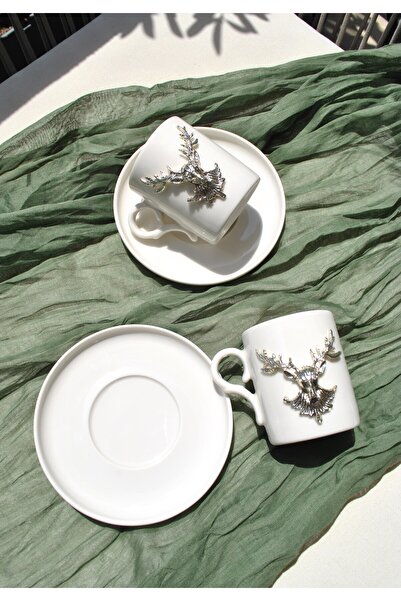 Qualitev Set of 2 Porcelain Coffee Cups with Deer Decoration, Special Design ...