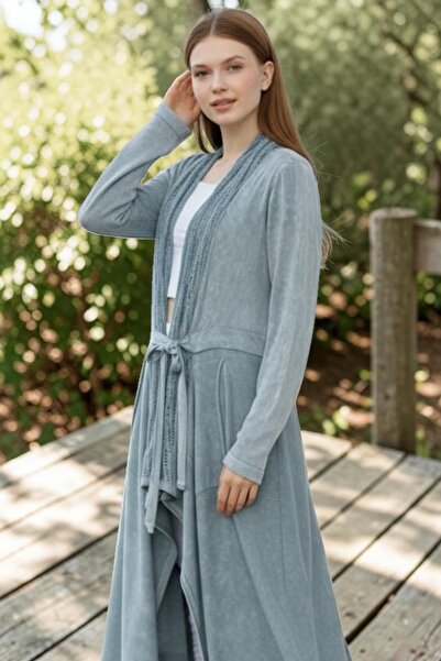 SHOPPEBUTİK Women's Shawl Collar Belted Long Pocketed Loose Cotton Knitwear C...