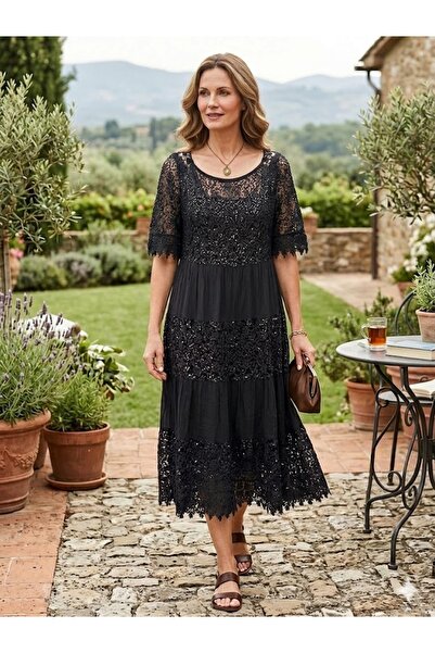 AYASOFYA OTANTIK Women's Italian Black Butterfly Lace Sequined Silk Midi Dress