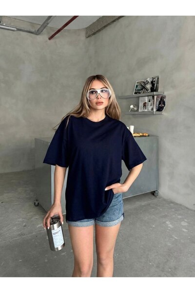 HepsitrentStore 2 Thread Crew Neck Basic Model Short Sleeve Oversize T-Shirt