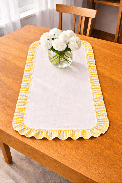 ŞAH TEXTILE DESIGN sarı pötikare fırfırlı premium keten runner 40x110