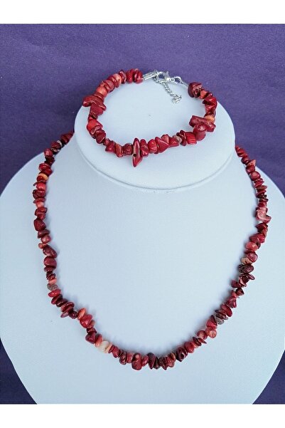 LADIN DOGALTAŞ Red Coral Necklace Bracelet Set - Natural Stone Jewelry - Real...