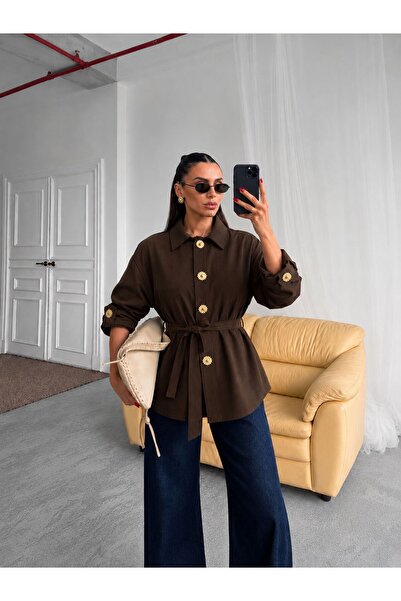 PINTORE Women's Gold Button Detailed Belted Shirt