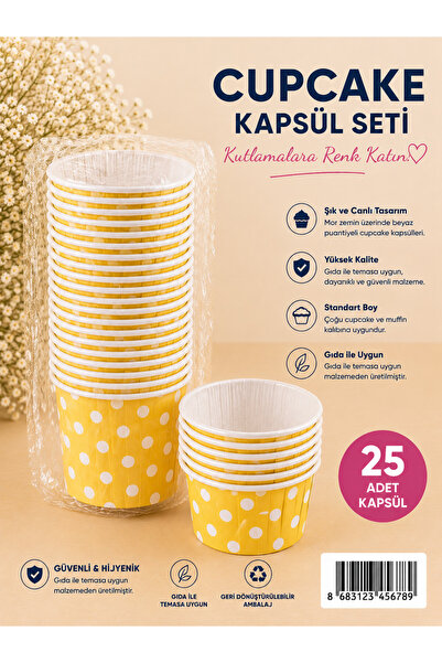 Partifabrik Cupcake Kapsülü Kalın Eğilmez Kalıpsız Kullanım 25 Adet SARI Puan...