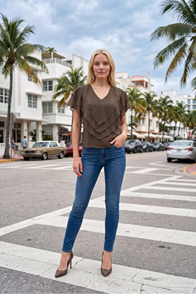Romina Ciel Chiffon V-Neck Flounced Casual Women's Blouse