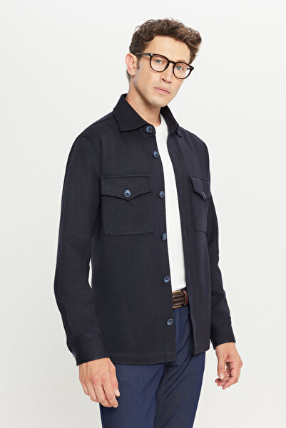 ALTINYILDIZ CLASSICS Men's Black Woolen Comfort Fit Shirt with Collar Flap Po...