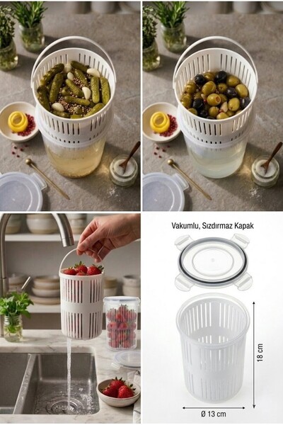 Strong Life 1,5 L Süzgeçli Zeytinlik Turşuluk Saklama Kabı — Meyve Yıkama Kab...