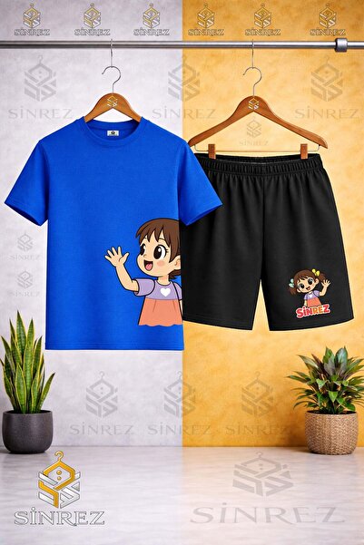 SİNREZ Crew Neck Kids' Girls' Left Side Printed T-Shirt - Shorts Set
