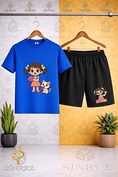 SİNREZ Crew Neck Kids' Girls Cat Ip Printed T-Shirt - Shorts Set