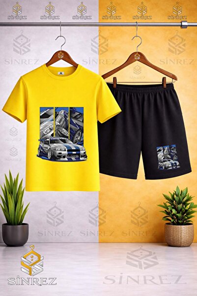 SİNREZ Crew Neck Kids' Car Blue Multiple Square Printed T-Shirt - Shorts Set