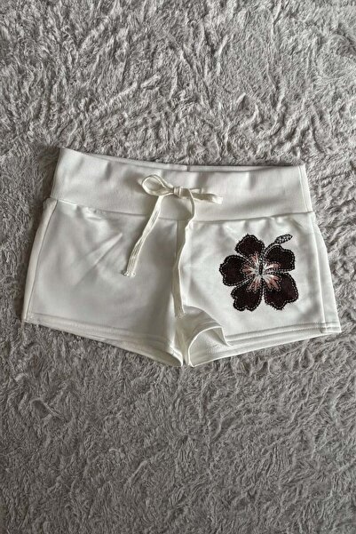 Karakedi Pantaloni scurți albi cu șireturi, cu imprimeu floral de hibiscus negru