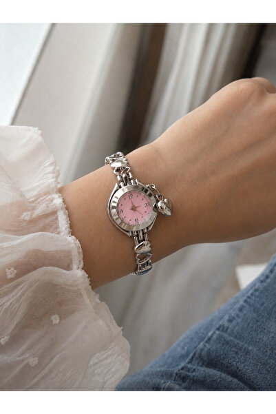 MİNPO Çelik Pinterest Model Pembe Kalp Charm Vintage Saat
