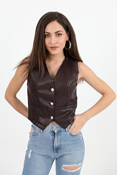 VELİZADE Vestă din piele artificială, model fără mâneci, cu decolteu în V și ...