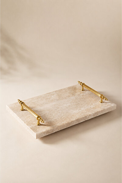 Marbello Gold Kulplu Doğal Traverten Tepsi 20x30 cm Kahve Sunumluk Banyo Orga...