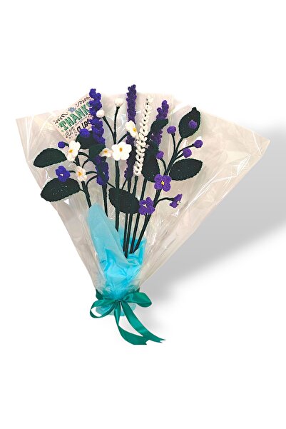 Lucille Craftshop Buchet Handmade Croșetat – Flori Alb‑Mov cu Lavandă, 7 Fire