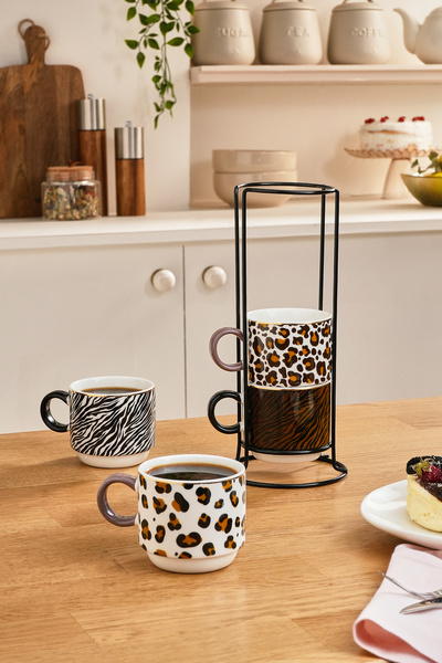 Karaca Leobra 5 Parça Standlı Leopar Desenli Çay Fincanı Seti 160 ml