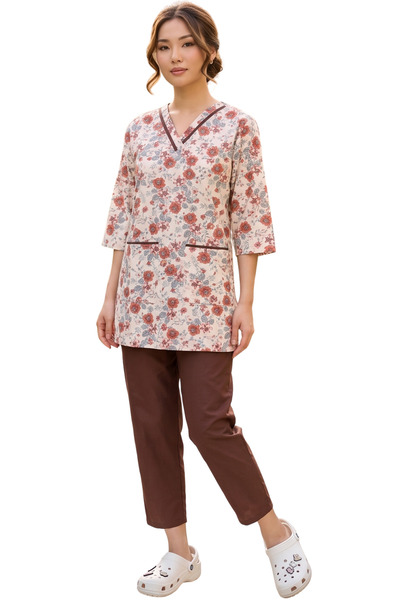 ABSHIR Housemaid/Nanny/Babysitter/Set with Print Top and Trousers, V-Neck 3/4...