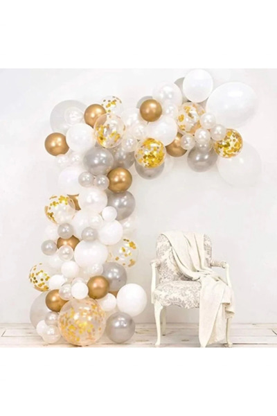 Partihane White Silver Chrome Gold Confetti Balloon Chain Set 5m