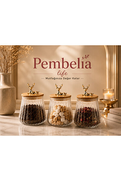 Kitchen Pembelia 3’lü Geyik Detaylı Bambu Vakumlu Kapaklı Cam Çay Şeker Tuz K...