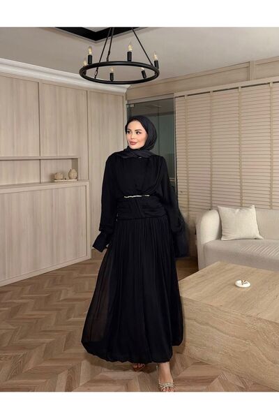 Sara Deluxe Draped Chiffon Evening Dress - Elegant Design with Stone Belt Detail