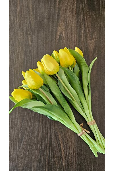 Omelas Yapay Çiçek Islak Lale Islak Dokulu Lale Demet 30 Cm. Sarı 7 Dallı. (4...