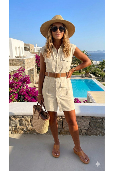 PINARKAYASTYLE Bej Gabardin Kumaş Kemerli Mini Elbise