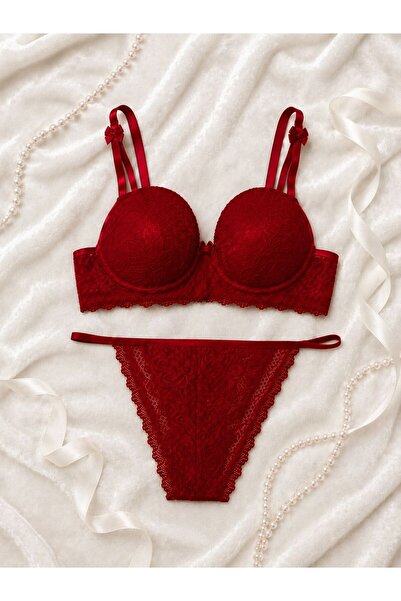 Luvia Lingerie kırmızı dolgulu kadın dantel 2'li iç çamaşırı takımı