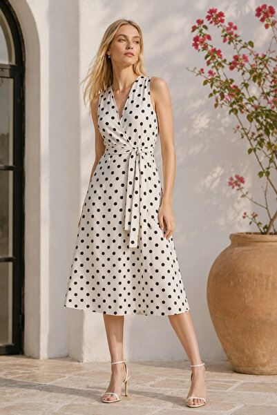 Lusin Women's White Polka Dot Double Breasted Collar Belted Stretch Fabric Sl...