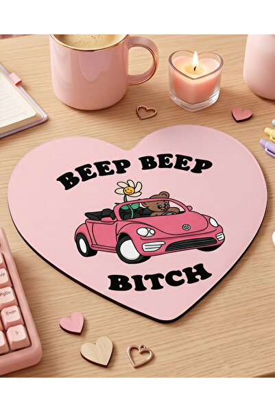 matizya “Beep Beep'' Yazılı Kalp Mousepad – Pembe Arabalı Retro Kalpli Mouse ...