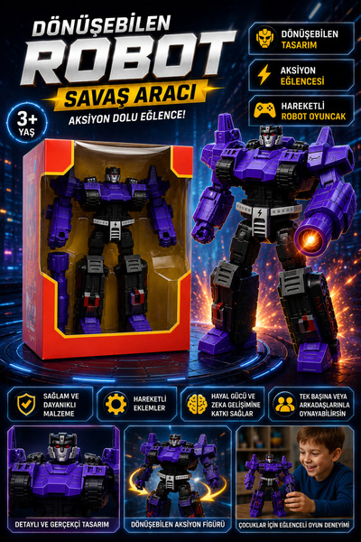 Tamsena Store Dönüşebilen Robot Savaş Aracı Oyuncak Figür Mor Renk Çocuk Oyun...