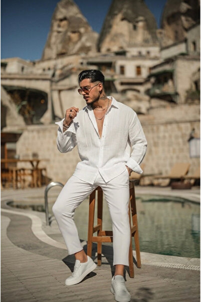 OUTFİT MAN Patterned Muslin Oversize Shirt White