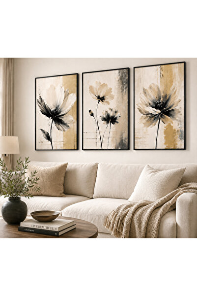 TekTablo Modern Abstract Floral 3-Piece Painting Set Framed – Black Beige Cre...