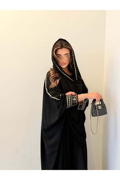 AYA Mwt5064 Black Crepe Fabric Embroidered on Sleeves and Veil, Nishtan Style
