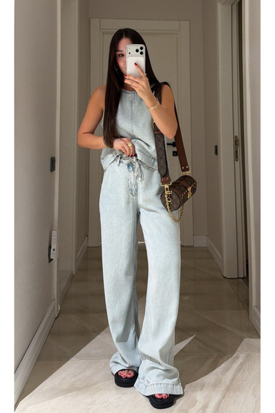 My Blog Set de pantaloni și vestă din denim Tencel, albastru gheață, cu detal...