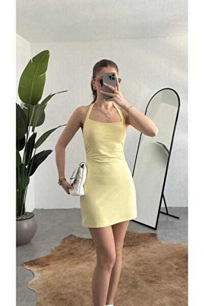 asfamoda Rochie mini galbenă pentru femei, cu guler halter și spate decupat