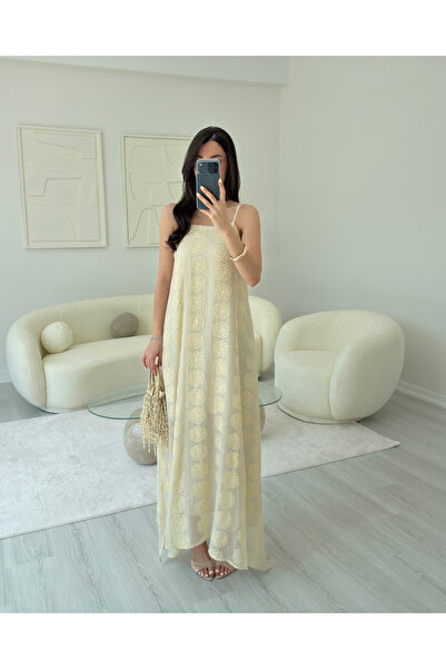 LUUNA STORE Rochie maxi brodată galben deschis