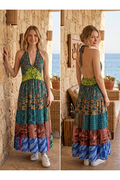 Enuverbi Kadın - İpek Bohem Patchwork Desenli Halter Yaka Uzun Elbise – Renkl...