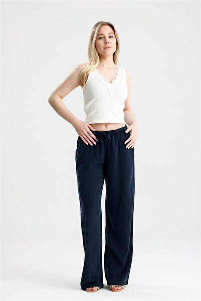 ROSE ARYA Navy Blue Tensel Washable Elastic Waist Pants