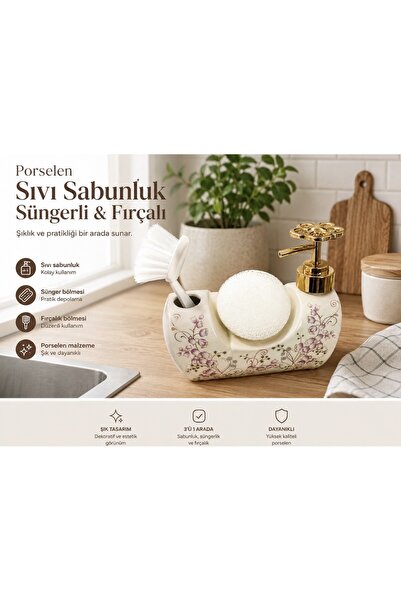 Hazal Porselen Sıvı Sabunluk Sünderli & Fırçalı Lavin